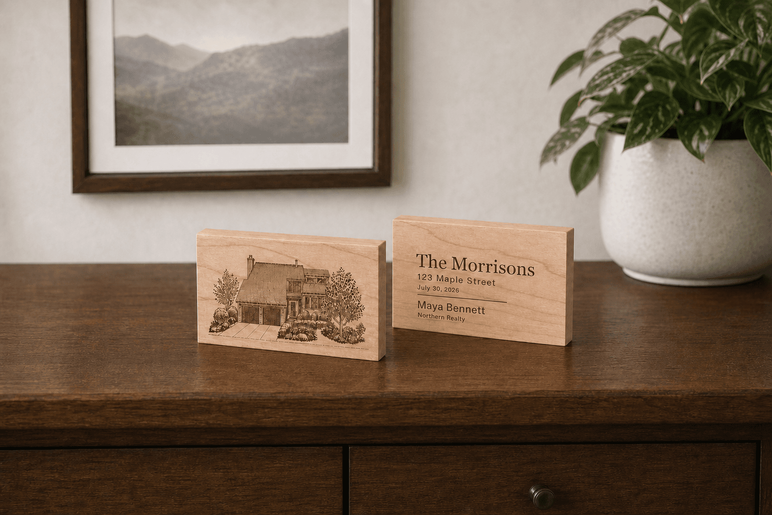 The front and personalized back of a cherry hardwood Home Keepsake
